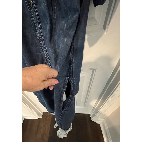 Prairie Style Jean Chambray Denim/Lace Hem Collar Dress Womens 16 Cottage Core - Picture 9 of 11